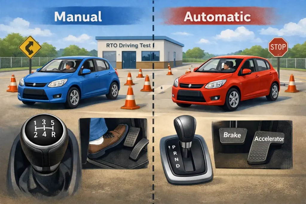 HD horizontal infographic comparing automatic and manual cars in 2026, showing transmission differences in mileage, performance, comfort, maintenance.