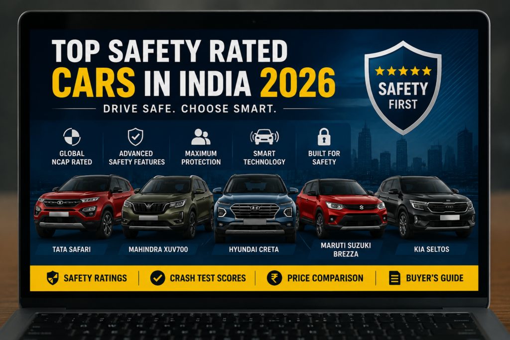 Professional infographic showing the top safety rated cars in India 2026, including Tata Safari, Mahindra XUV700, Hyundai Creta, Maruti Suzuki Swift, and Tata Punch with Global NCAP safety ratings.