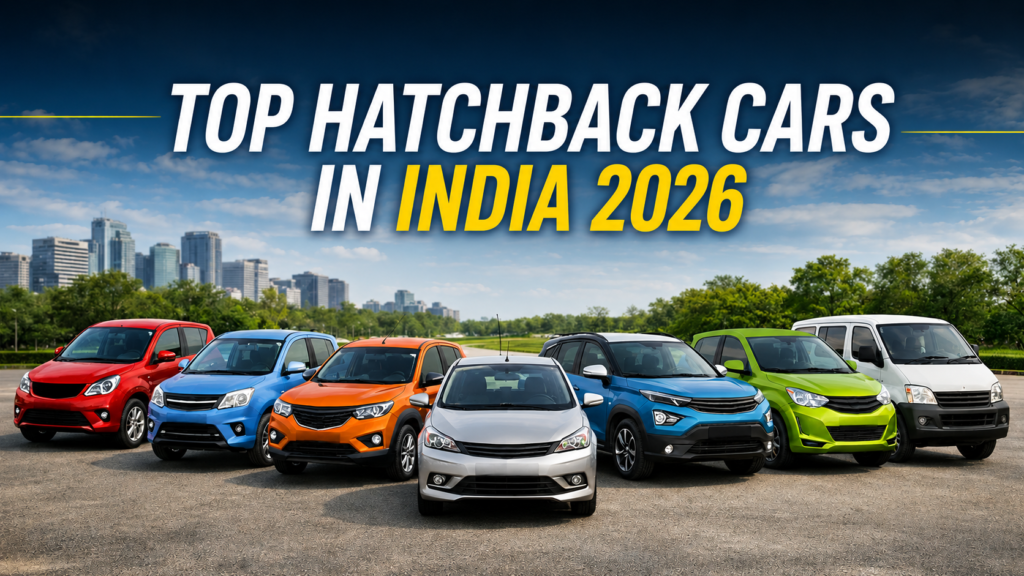 Wide HD banner showing the top hatchback cars in India 2026 with colorful hatchbacks lined up in an urban background and bold headline text highlighting the best hatchback cars for mileage, safety, comfort, and value.