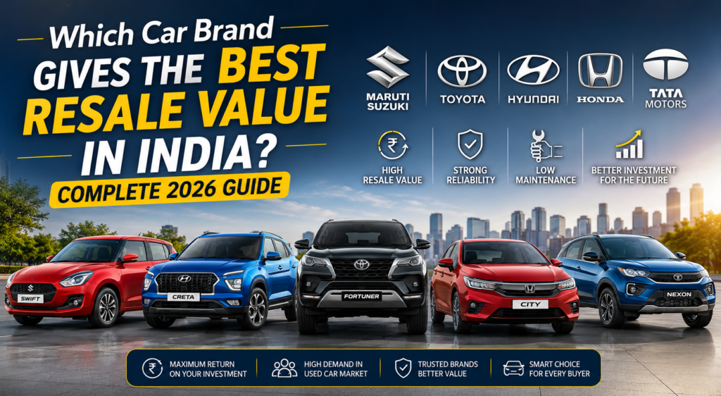 Professional horizontal automotive banner comparing top car brands with the best resale value in India 2026, featuring popular cars from Maruti Suzuki, Toyota, Hyundai, Honda, and Tata Motors with bold typography, resale icons, and a modern city background.