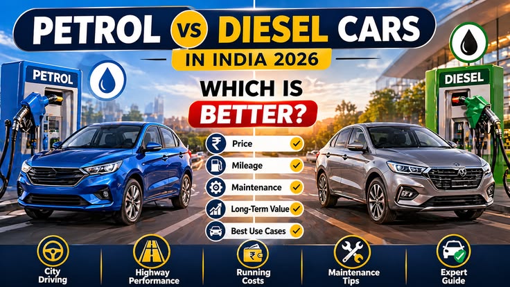 Horizontal infographic comparing petrol vs diesel cars in 2026 with fuel price, mileage, running cost, performance, and savings details.